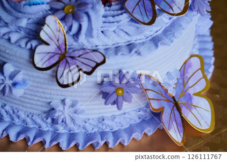 我從一家蛋糕店訂購了一個帶有蝴蝶圖案的可愛生日蛋糕。慶祝孩子的 12 歲生日。 126111767