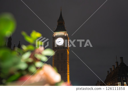 Big Ben glows brightly against a dark sky, with intricate details highlighted. Blurred greenery and flowers in the foreground add depth to the urban scene. Big Ben glows brightly against a dark sky, with intricate details highlighted. Blurred greenery and flowers in the foreground add depth to the urban scene. 126111858