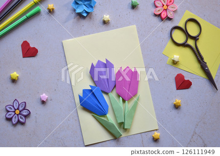 Crafting Handmade Cards with Paper Flowers, Birds and Butterflies. Perfect Gifts for Special Occasions. Creating Unique Greeting Card Featuring Origami, Quilling. Lovely Present for Any Occasion. Crafting Handmade Cards with Paper Flowers, Birds and Butterflies. Perfect Gifts for Special Occasions. Creating Unique Greeting Card Featuring Origami, Quilling. Lovely Present for Any Occasion. 126111949