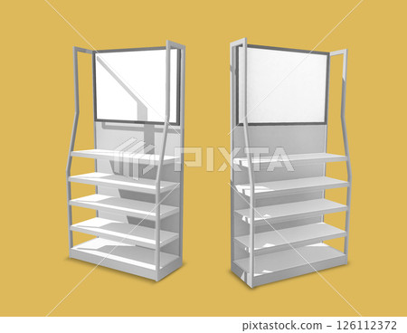 Empty Product Stands For Supermarket. , Empty Displays With Shelves Products On White Background Isolated. Retail shelf. , 3D rendering illustration Empty Product Stands For Supermarket. , Empty Displays With Shelves Products On White Background Isolated. Retail shelf. , 3D rendering illustration 126112372