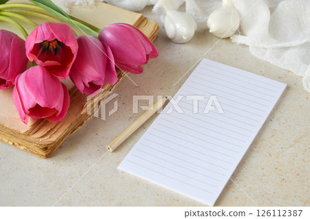 Beautiful pink tulip flowers background for Birthday, Mother's day, Valentine's Day, March 8, Wedding concept greeting card. Floral decorative frame. Festive background. Copy space for text Beautiful pink tulip flowers background for Birthday, Mother's day, Valentine's Day, March 8, Wedding concept greeting card. Floral decorative frame. Festive background. Copy space for text 126112387