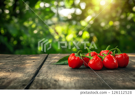 Red Chile habanero peppers on garden wooden table. Capsicum chinense fruits 126112528