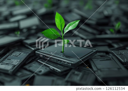 Green sprout growing from pile of broken used electronics and computer motherboards close up 126112534
