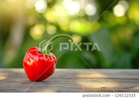 Capsicum chinense chili pepper or red habanero on wooden table in orchard 126112535