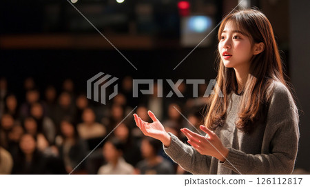 A woman giving a presentation in front of a large audience 126112817