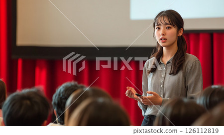 A woman giving a presentation in front of a large audience 126112819