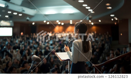 A woman giving a presentation in front of a large audience 126112823