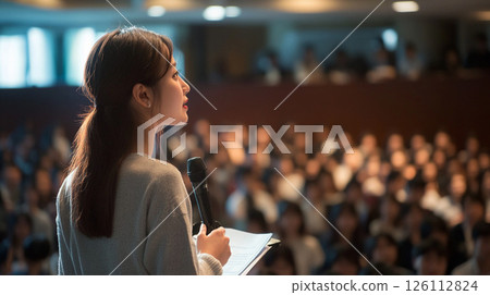 A woman giving a presentation in front of a large audience A woman giving a presentation in front of a large audience 126112824