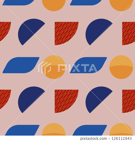 Vintage 80s Memphis style seamless pattern featuring modern abstract shapes in bold colors, including circles, semi circles, and leaf forms on a pink background. Ideal for retro and hipster design. 126112843
