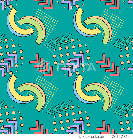 Seamless pattern in Memphis style featuring colorful abstract shapes, including arcs, arrows, circles, dots, and squares on a turquoise background. Perfect for wallpaper, wrapping paper and gift box. Seamless pattern in Memphis style featuring colorful abstract shapes, including arcs, arrows, circles, dots, and squares on a turquoise background. Perfect for wallpaper, wrapping paper and gift box. 126112844