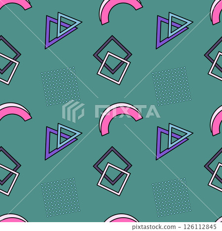 Seamless geometric pattern featuring abstract shapes like arcs, triangles, squares, and dotted squares on a turquoise background. Perfect for retro and hipster design, wallpaper, wrapping paper. 126112845
