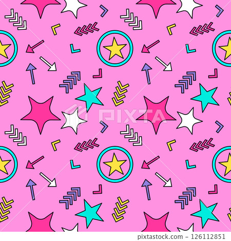 Cute vibrant seamless pattern in Memphis and naive cartoon styles featuring with colorful stars in rings and arrows on a pink background. Ideal for kids or women items, modern clothing, wrapping paper 126112851