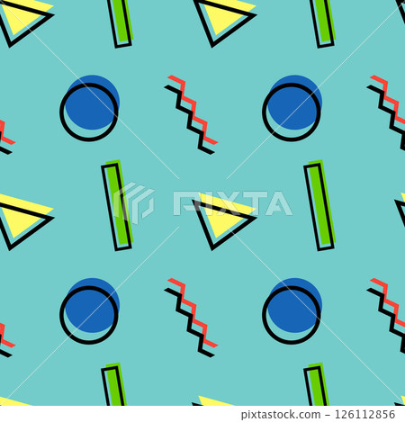 Vintage 80s Memphis style seamless pattern with circles, triangles, rectangles, and zigzag lines in vibrant colors on a turquoise background. Perfect for retro, hipster, and modern creative designs. 126112856