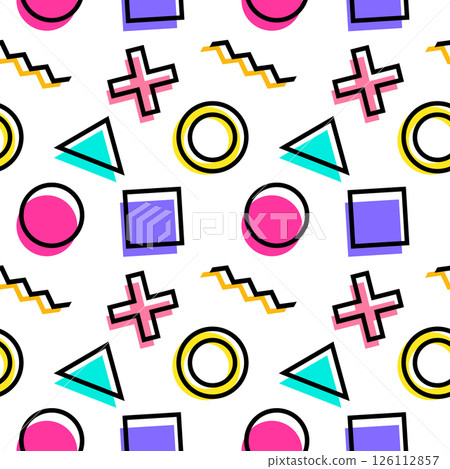 Vintage seamless pattern in Memphis and pop art style featuring of vibrant abstract geometric shapes including circles, squares, triangles, and crosses. Perfect for textiles and wrapping paper. 126112857
