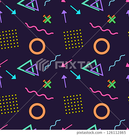 Vibrant seamless pattern in Memphis style featuring abstract colorful geometric shapes, arrows, and wavy lines on a dark blue background. Perfect for textiles, wallpaper, wrapping paper and gift box. 126112865