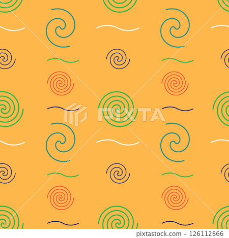 Bright and playful vintage 80s Memphis style seamless pattern featuring colorful spirals and wavy lines on an orange background. Ideal for retro and hipster design, wallpaper, wrapping paper. 126112866