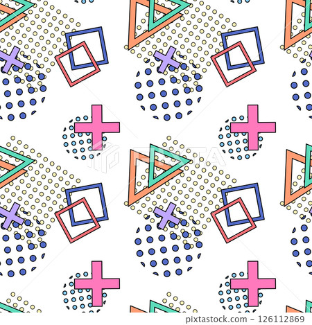 Playful vintage 80s Memphis style seamless pattern featuring naive cartoon abstract geometric shapes such as triangles, squares, crosses, and dotted circles in vibrant tones on a white background. 126112869