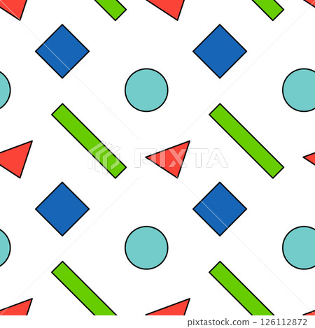 Simple vintage 80s Memphis style seamless pattern featuring abstract geometric shapes like triangles, circles, rectangles, and squares on a white background. Perfect for retro and hipster design. Simple vintage 80s Memphis style seamless pattern featuring abstract geometric shapes like triangles, circles, rectangles, and squares on a white background. Perfect for retro and hipster design. 126112872