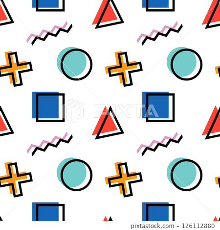 Seamless pattern featuring abstract colorful geometric shapes such as triangles, circles, squares, and zigzags in a Memphis style on a white background. Perfect for wallpaper, wrapping and gift paper. Seamless pattern featuring abstract colorful geometric shapes such as triangles, circles, squares, and zigzags in a Memphis style on a white background. Perfect for wallpaper, wrapping and gift paper. 126112880