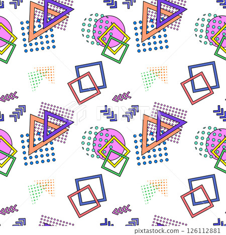 Vintage naive 80s Memphis style seamless pattern featuring geometric abstract shapes like triangles, squares, circles, arrows, and dotted. Perfect for retro, hipster, and modern creative designs. 126112881