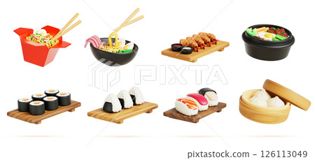 Asian food set with wok noodle box, ramen soup, shrimp tempura, bibimbap, sushi, rice onigiri and baozi meal icon render. Chinese Korean Japanese cuisine dishes in bowl and wood tray. 3D illustration 126113049