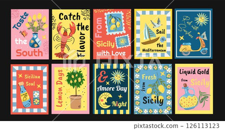 Mediterranean summer Posters. Vector illustration of Amalfi, Italian cuisine, striped pattern, lobster, crab, lemon, postage stamps, shell for poster 126113123