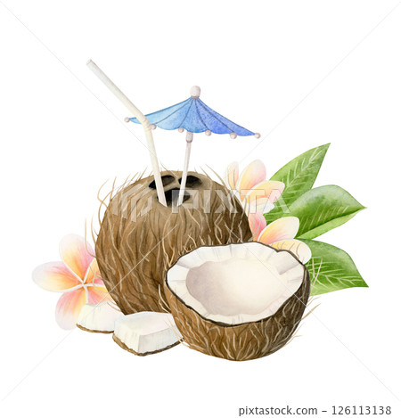 Summer coconut cocktail with tropical flowers straw and umbrella watercolor illustration isolated on a white. Healthy drink with sliced fruits clip art for vacation designs and beach cafe menus Summer coconut cocktail with tropical flowers straw and umbrella watercolor illustration isolated on a white. Healthy drink with sliced fruits clip art for vacation designs and beach cafe menus 126113138