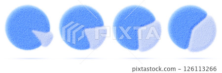 3d blue fur fluffy pie chart icon set. Wool felt circle diagram, infographic render element for budget analysis, allocation of resources or market share. Business presentation data. 3D illustration 126113266