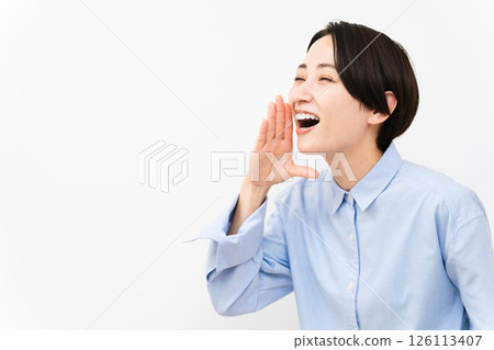 Woman wearing a long-sleeved shirt Woman wearing a long-sleeved shirt 126113407