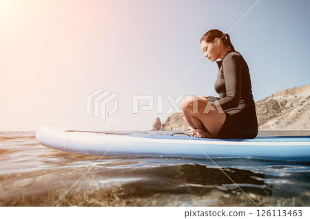 Woman Laptop Paddleboard Ocean Work Remotely Beach Woman Laptop Paddleboard Ocean Work Remotely Beach 126113463