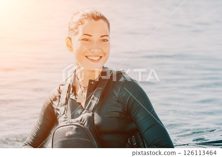 Woman Water Sports Smiling Kayak Paddleboarding Lake Sun 126113464