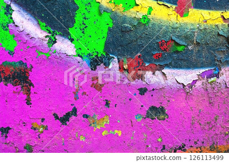 Vibrant Flaking Wall with Neon Pink, Green, Yellow for Retro 80s, Acid Style 126113499