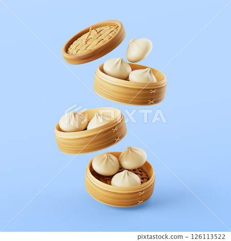 Chinese breakfast food baozi, steam bread, dumpling or dim sum in bamboo steamers. Vietnamese bun bao, hawaii manapua or japanese manju in falling wooden baskets with lid. Asian snack. 3D illustration Chinese breakfast food baozi, steam bread, dumpling or dim sum in bamboo steamers. Vietnamese bun bao, hawaii manapua or japanese manju in falling wooden baskets with lid. Asian snack. 3D illustration 126113522