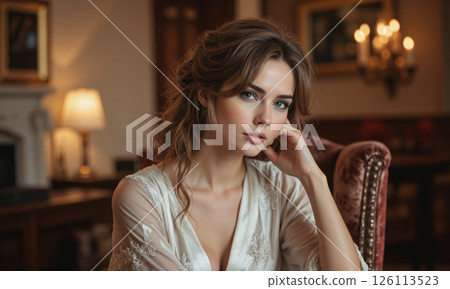 Luxury silk robe with a satin belt, featuring intricate lace trim along the sleeves and hem, perfect for evening wear. Luxury silk robe with a satin belt, featuring intricate lace trim along the sleeves and hem, perfect for evening wear. 126113523