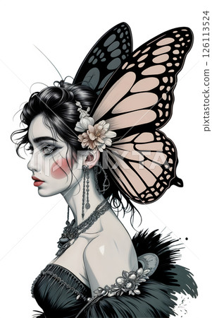 Portrait of a girl with a butterfly wing hairpin in her hair Portrait of a girl with a butterfly wing hairpin in her hair 126113524