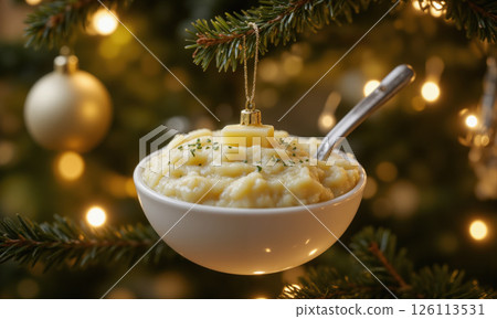 Christmas tree ornament shaped like a steaming bowl of mashed potatoes, with sharp focus on the fluffy texture, a pat 126113531
