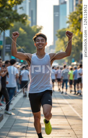 Young Asian Male Runner Crossing Finish Line Victory 20s man, running gear, crossing finish line arms raised victory triumph, transparent Young Asian Male Runner Crossing Finish Line Victory 20s man, running gear, crossing finish line arms raised victory triumph, transparent 126113652