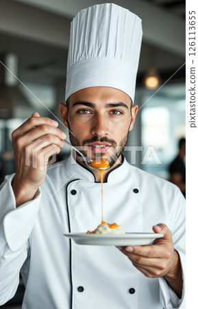 Young White Male Chef Tasting Sauce Intense Focus 20s man, chef whites, intensely focused tasting sauce spoon flavor check, transparent 126113655