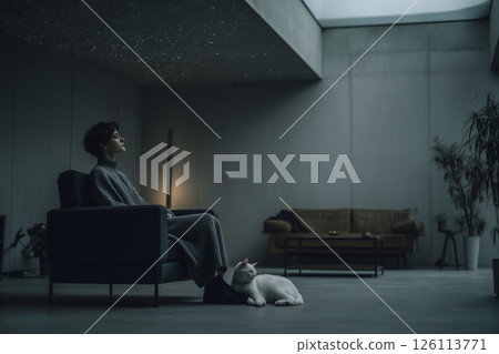 一間極簡風格的房間,裡面有一隻白貓,還有美麗的星空下的家庭天文館 一間極簡風格的房間,裡面有一隻白貓,還有美麗的星空下的家庭天文館 126113771