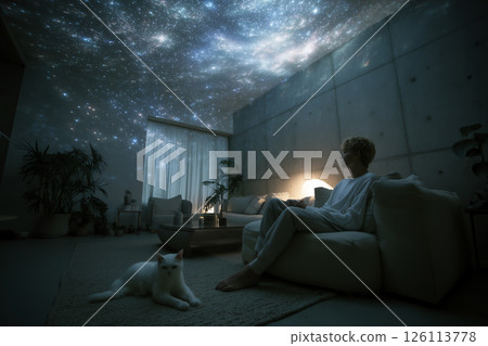 A minimalist room with a white cat and a home planetarium under a beautiful starry sky 126113778