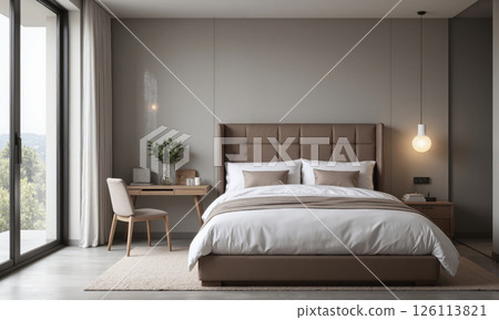 A contemporary guest room featuring a bed with a mocha mousse-colored velvet headboard and simple white bedding. The room includes a minimalist desk 126113821