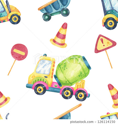 Watercolor dump trucks and cement mixers with road elements in a seamless pattern. Great for textiles, home decor, themed party supplies, and childrens stationery 126114150