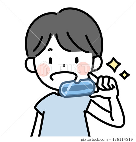 Illustration of a child wearing a mouthpiece for pediatric orthodontics 126114519