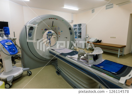 PET CT, magnetic resonance or tomography medical equipment cancer scanner at hospital or clinic 126114578