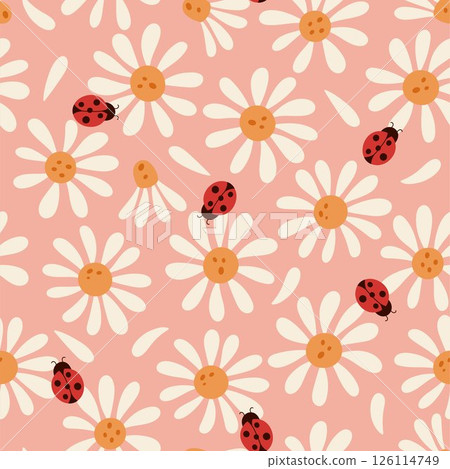 Seamless pattern with ladybugs and daisies. Vector graphics. 126114749