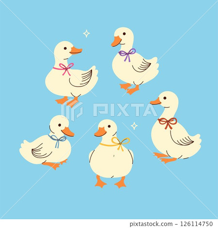 Set of cute white ducks with bows on their necks. Vector graphics. 126114750