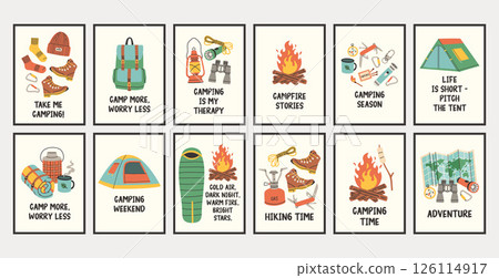 Vertical simple camping poster big set. Summer outdoor activity brochure with hiking and camping logo, nature recreation concept. Flyer banner for forest adventure, summer travel camp illustration. 126114917