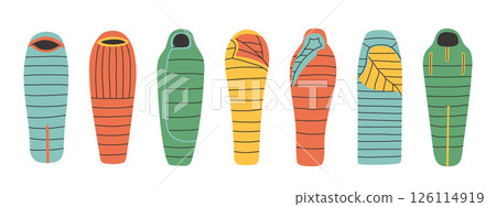 Sleeping bag set. Simple sleeping bag collection for outdoor. Various styles and colors suitable for different weather conditions. 126114919