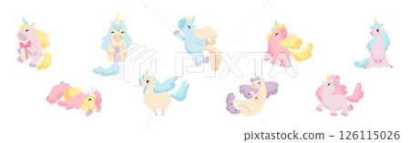 Cute Unicorn with Twisted Horn and Mane Vector Set Cute Unicorn with Twisted Horn and Mane Vector Set 126115026
