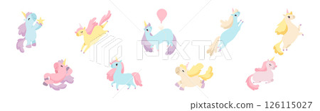 Cute Unicorn with Twisted Horn and Mane Vector Set 126115027